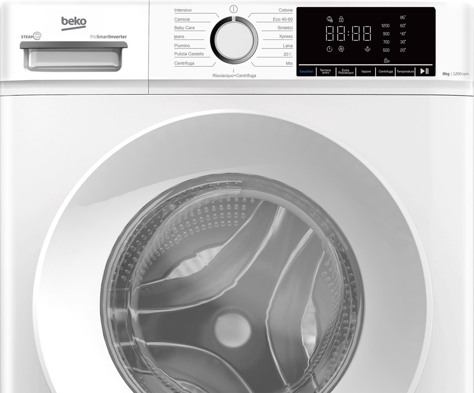Beko b100 BMX8126DW 8kg classe A bianco, inverter 1200 giri, display XL, oblò bianco, vapore