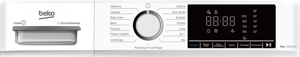 Beko b100 BMX8126DW 8kg classe A bianco, inverter 1200 giri, display XL, oblò bianco, vapore