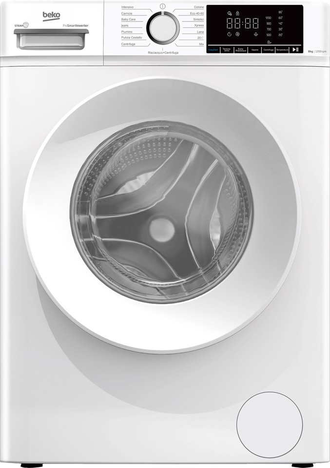 Beko b100 BMX8126DW 8kg classe A bianco, inverter 1200 giri, display XL, oblò bianco, vapore