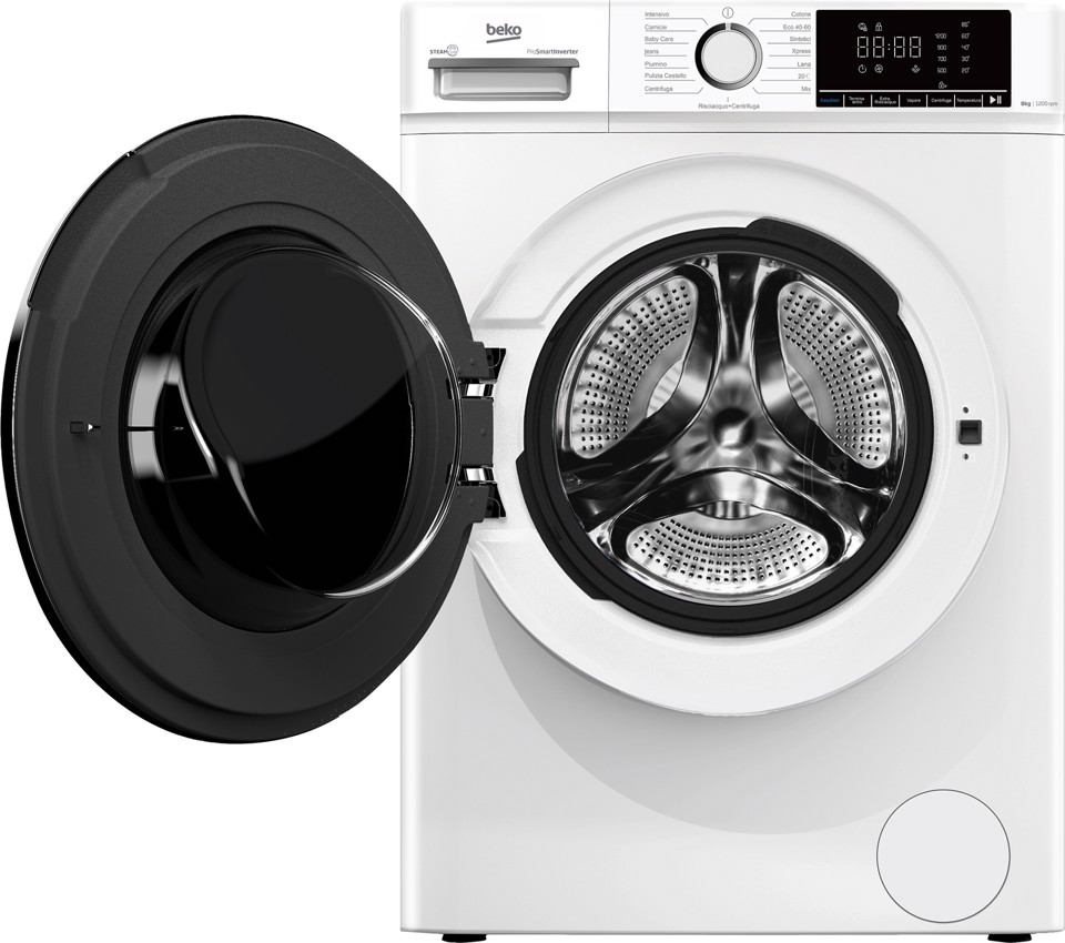 Beko b100 BMX8126DW 8kg classe A bianco, inverter 1200 giri, display XL, oblò bianco, vapore