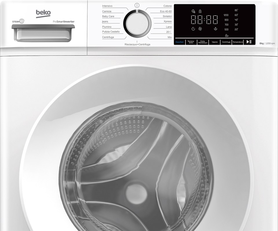 Beko b100 BMX8126DW 8kg classe A bianco, inverter 1200 giri, display XL, oblò bianco, vapore