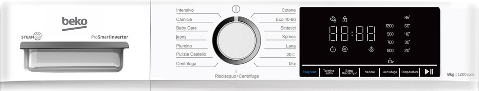 Beko b100 BMX8126DW 8kg classe A bianco, inverter 1200 giri, display XL, oblò bianco, vapore