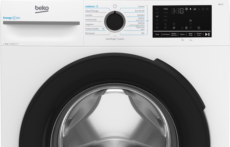 Beko b300 BMW8149DB Lavatrice 8kg, Classe A-30%, Bianco, Motore Inverter 1400giri, Display touch, Porta nera, EnergySpin™, Vapore