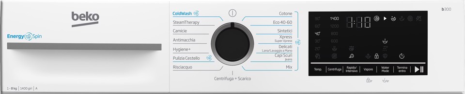 Beko b300 BMW8149DB Lavatrice 8kg, Classe A-30%, Bianco, Motore Inverter 1400giri, Display touch, Porta nera, EnergySpin™, Vapore