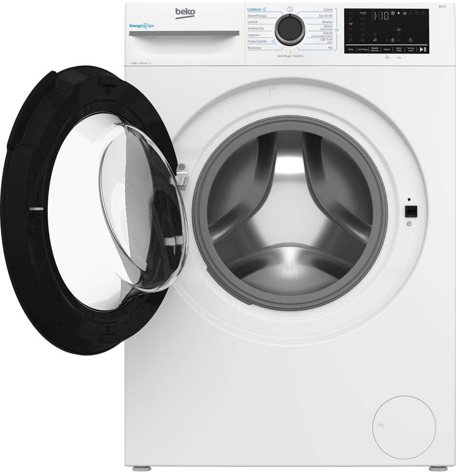 Beko b300 BMW9149DB Lavatrice 9kg, Classe A-30%, Bianco, Motore Inverter 1400giri, Display touch, Porta nera, EnergySpin™, Vapore