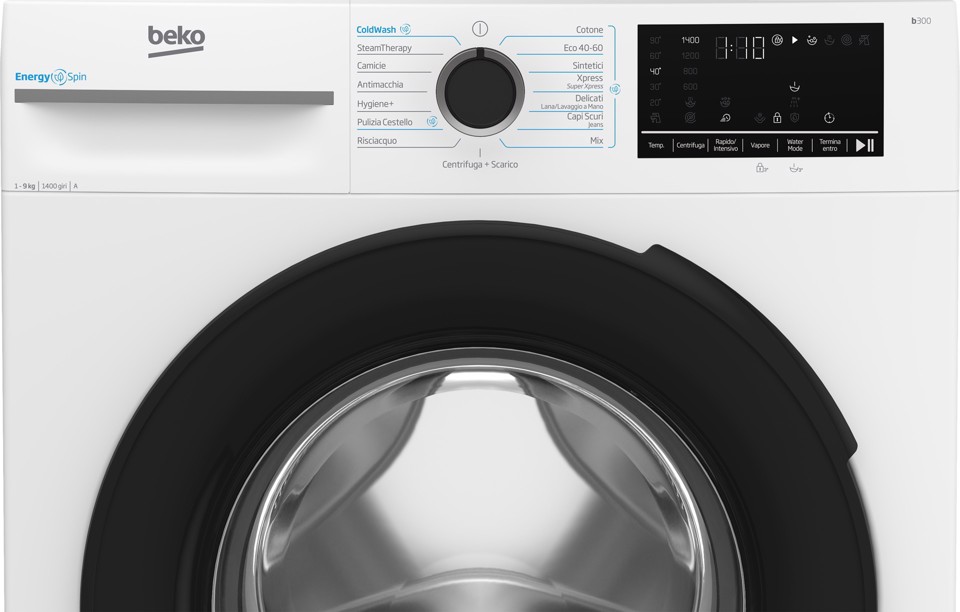 Beko b300 BMW9149DB Lavatrice 9kg, Classe A-30%, Bianco, Motore Inverter 1400giri, Display touch, Porta nera, EnergySpin™, Vapore