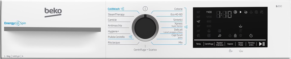 Beko b300 BMW9149DB Lavatrice 9kg, Classe A-30%, Bianco, Motore Inverter 1400giri, Display touch, Porta nera, EnergySpin™, Vapore