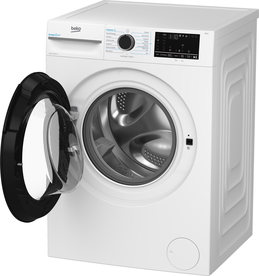 Beko b300 BMW9149DB Lavatrice 9kg, Classe A-30%, Bianco, Motore Inverter 1400giri, Display touch, Porta nera, EnergySpin™, Vapore