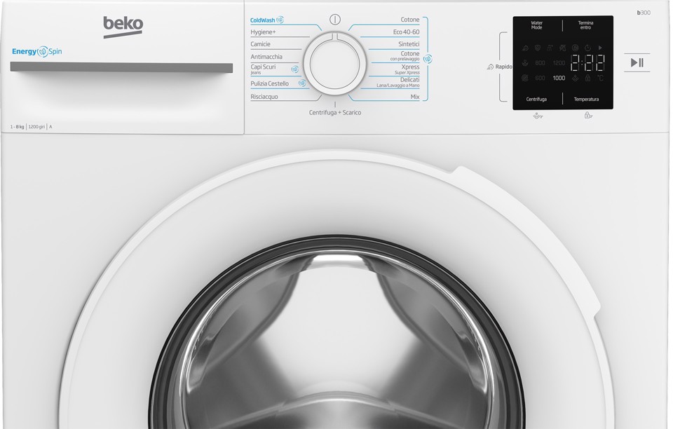 Beko b300 BMWRU3821W Lavatrice 8kg, Classe A, 1200giri, colore bianco, tecnologia EnergySpin™, cassetto detersivo autopulente