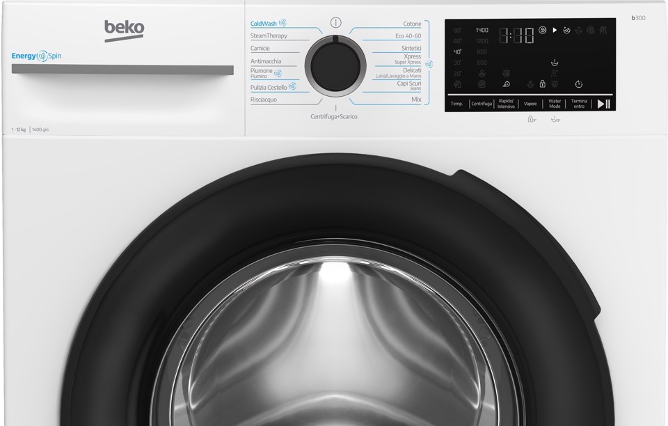 Beko b300 BMWT31241A: Lavatrice 12kg, Classe A, 1400giri, linea estetica NX, motore ProSmart Inverter, Display Touch, oblò nero, tecnologia EnergySpin™, tecnologia a vapore SteamCure™