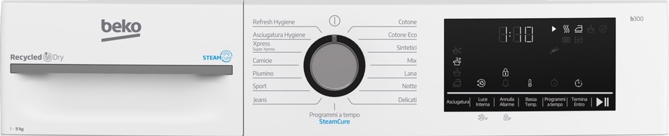 Beko BMGT491SBI_IT 9kg, Classe C, motore inverter, Display digitale, funzione a vapore SteamCure™, colore Bianco, oblò Nero