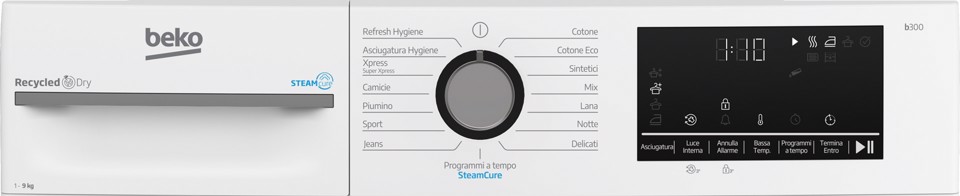 Beko BMGT491SBI_IT 9kg, Classe C, motore inverter, Display digitale, funzione a vapore SteamCure™, colore Bianco, oblò Nero