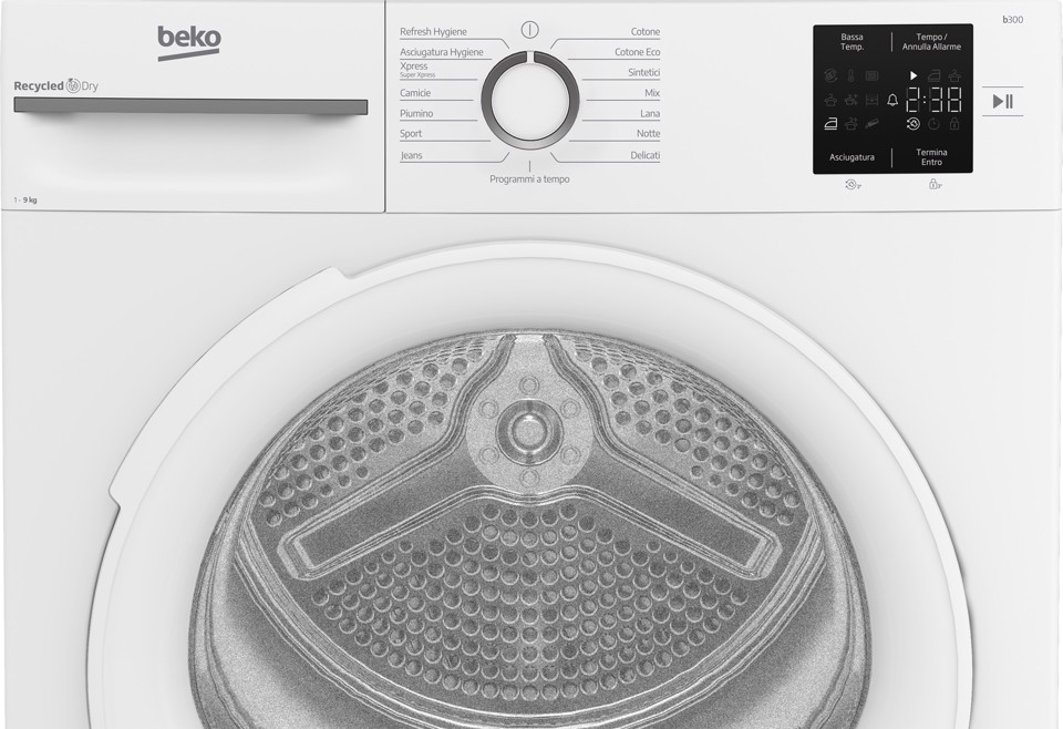 Beko BMT491WI_IT, Asciugatrice 9kg, Classe C, Linea Estetica NX, motore inverter, Display digitale, colore Bianco, oblò Bianco