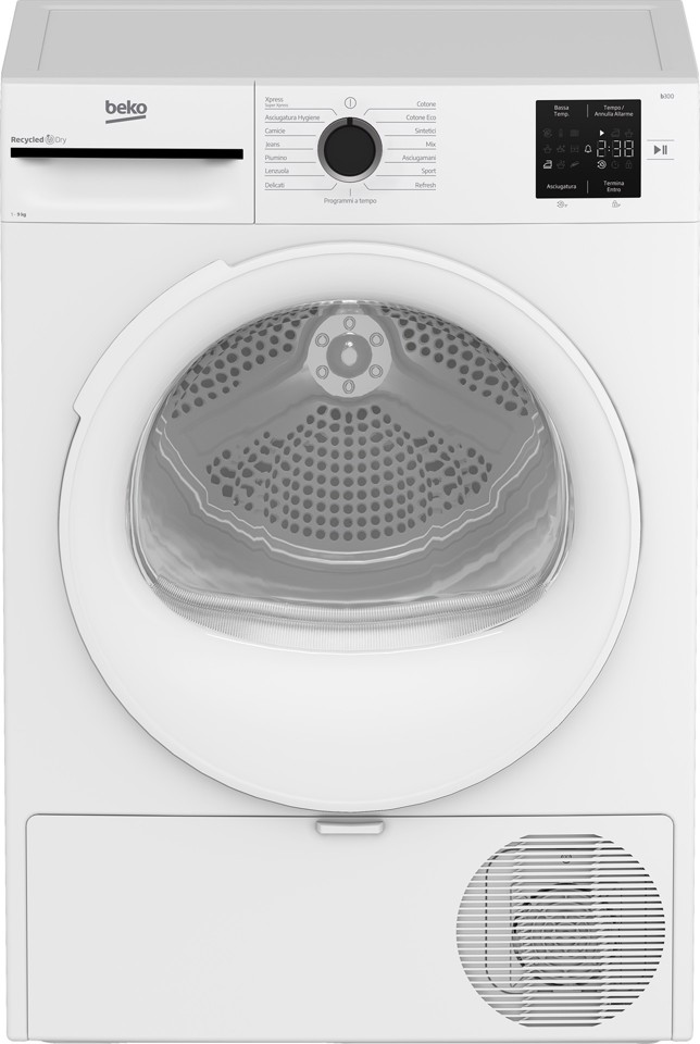Beko BMT93EW Asciugatrice 9kg, Classe D, Linea Estetica NX, motore asincrono, Display digitale, colore Bianco, oblò Bianco