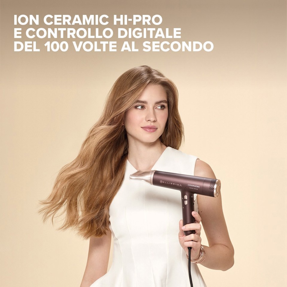 Bellissima Ceramisonic Asciugacapelli, Motore Digitale ad alta velocità, ultraleggero, con tecnologia Tecnologia Ion Ceramic Hi-Pro, ioni, 3 velocità, 3 temperature, Impostazione Gentle Dry, Modalità Silent, 1700W