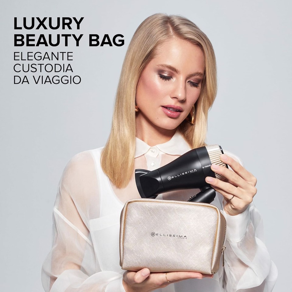 Bellissima Imetec B-Travel Asciugacapelli da viaggio, portatile e compatto, 1400 W, manico pieghevole, doppio voltaggio, concentratore di precisione, 2 combinazioni aria/temperatura, custodia da viaggio, idea regalo