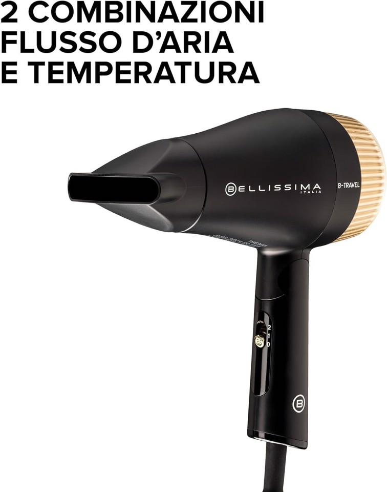Bellissima Imetec B-Travel Asciugacapelli da viaggio, portatile e compatto, 1400 W, manico pieghevole, doppio voltaggio, concentratore di precisione, 2 combinazioni aria/temperatura, custodia da viaggio, idea regalo
