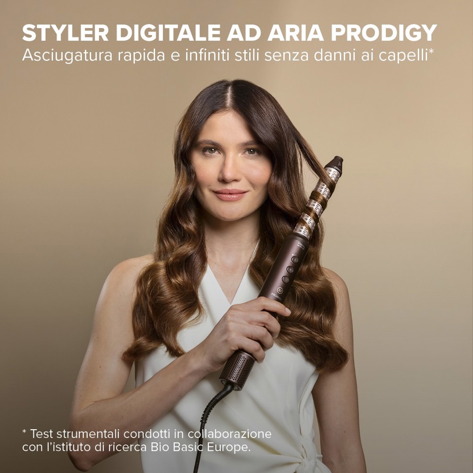 Bellissima Prodigy, modellatore ad aria calda, styler, tecnologia Ion-Ceramic, tecnologia Coanda, motore digitale, controllo del calore, filtro autopulente, 3 temperature, 1200 W, 6 accessori