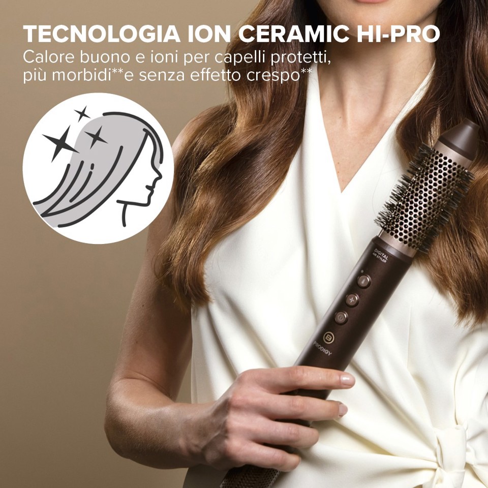 Bellissima Prodigy, modellatore ad aria calda, styler, tecnologia Ion-Ceramic, tecnologia Coanda, motore digitale, controllo del calore, filtro autopulente, 3 temperature, 1200 W, 6 accessori