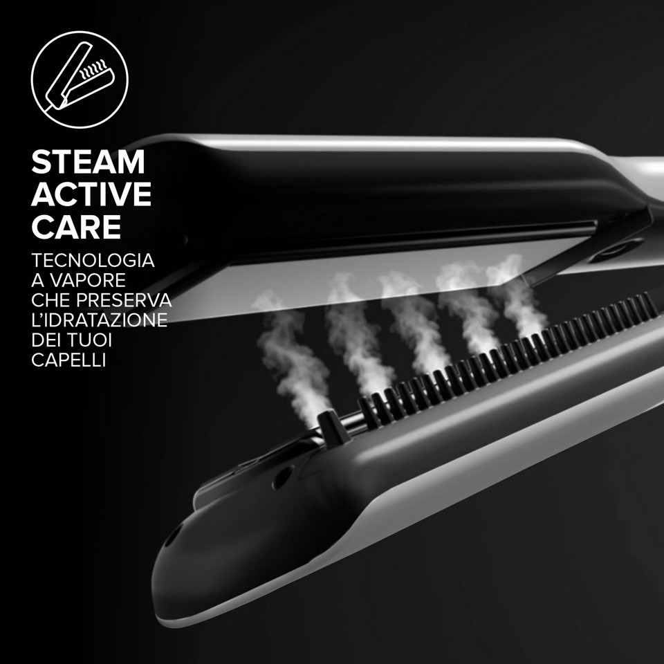 Bellissima Steam Elixir, Piastra a Vapore, Capelli lisci in Una Sola Passata Senza Danni, Rivestimento in Ceramica e Olio Argan, Rapido Riscaldamento, 4 Temperature, Tappetino Termoresistente