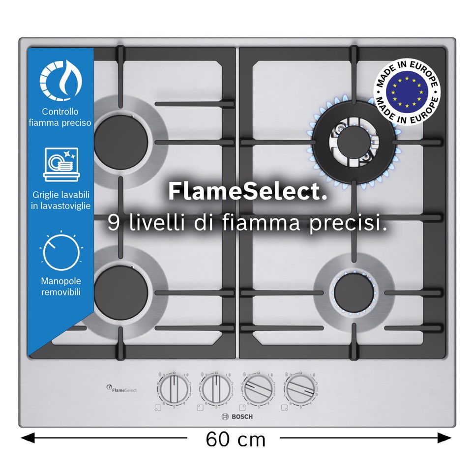Bosch Serie 6 PCH6A5I90 Piano cottura a gas 60 cm 4 fuochi Acciaio Inox