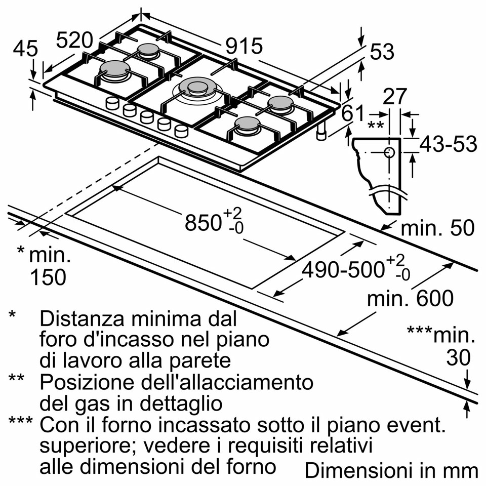 Bosch Serie 6 PCR9A5I90 Piano cottura a gas 90 cm 5 fuochi Acciaio Inox