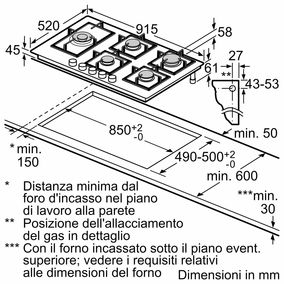 Bosch Serie 6 PPM9A6I40 Piano cottura a gas 90 cm 5 fuochi Vetro Nero