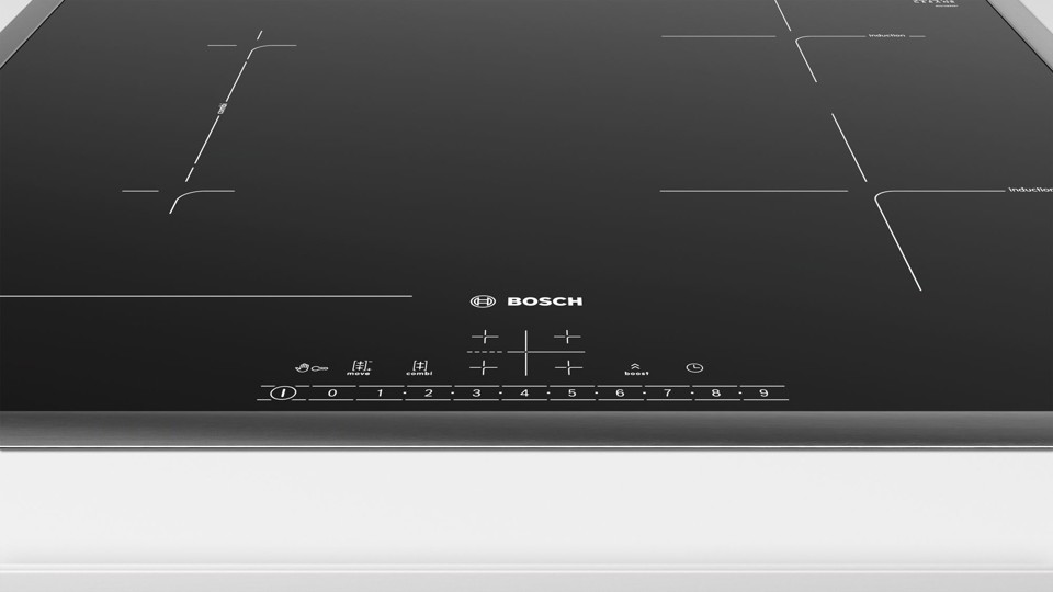 Bosch Serie 6 PVS645FB5E piano cottura Nero, Acciaio inossidabile Da incasso 60 cm Piano cottura a induzione 4 Fornello(i)