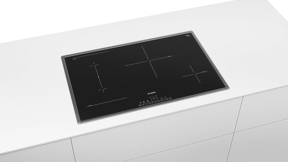 Bosch Serie 6 PVS845FB5E piano cottura Nero, Acciaio inossidabile Da incasso 80 cm Piano cottura a induzione 4 Fornello(i)