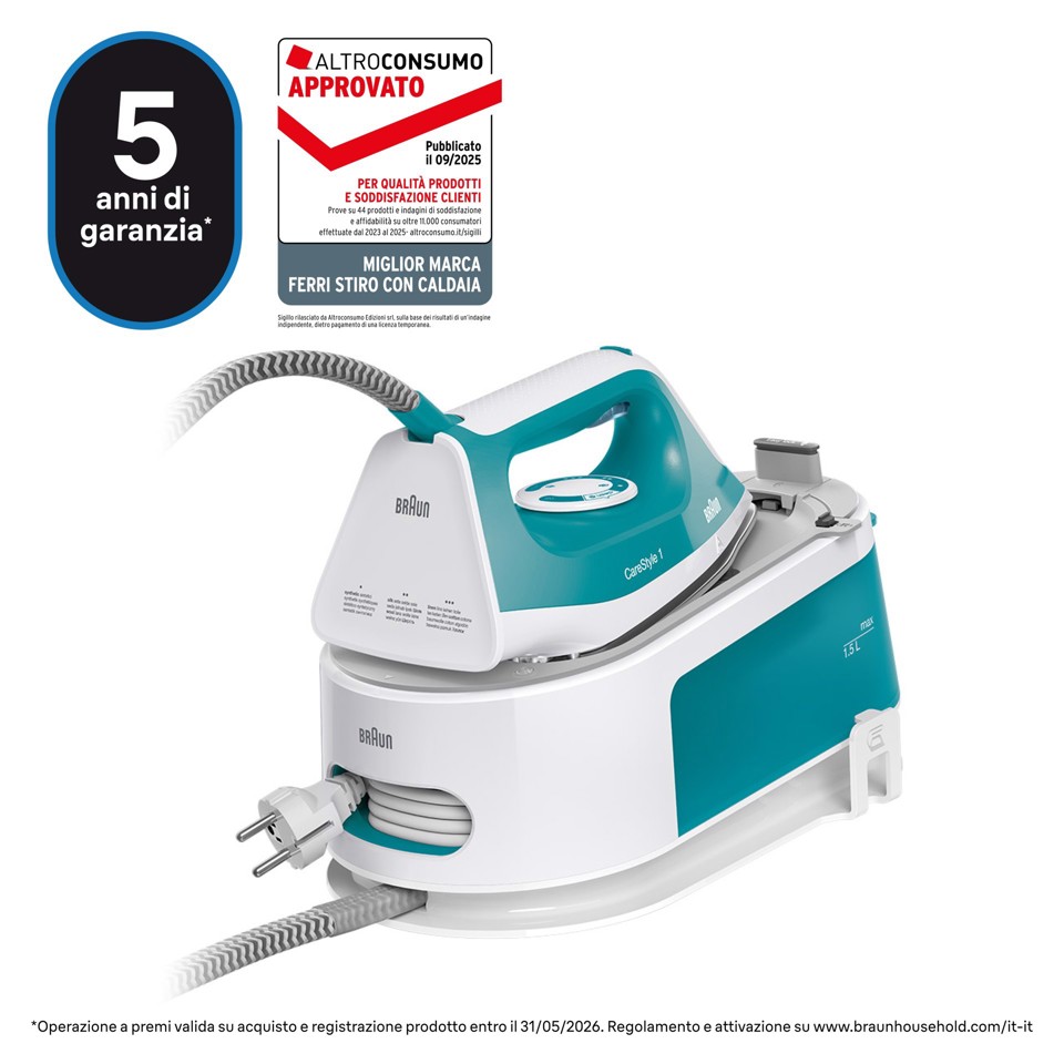 Braun CareStyle 1 - Ferro da stiro con caldaia, Piastra con tecnologia FreeGlide3D, 2400W, 1.5L, Bianco/Turchese (IS1013GR)