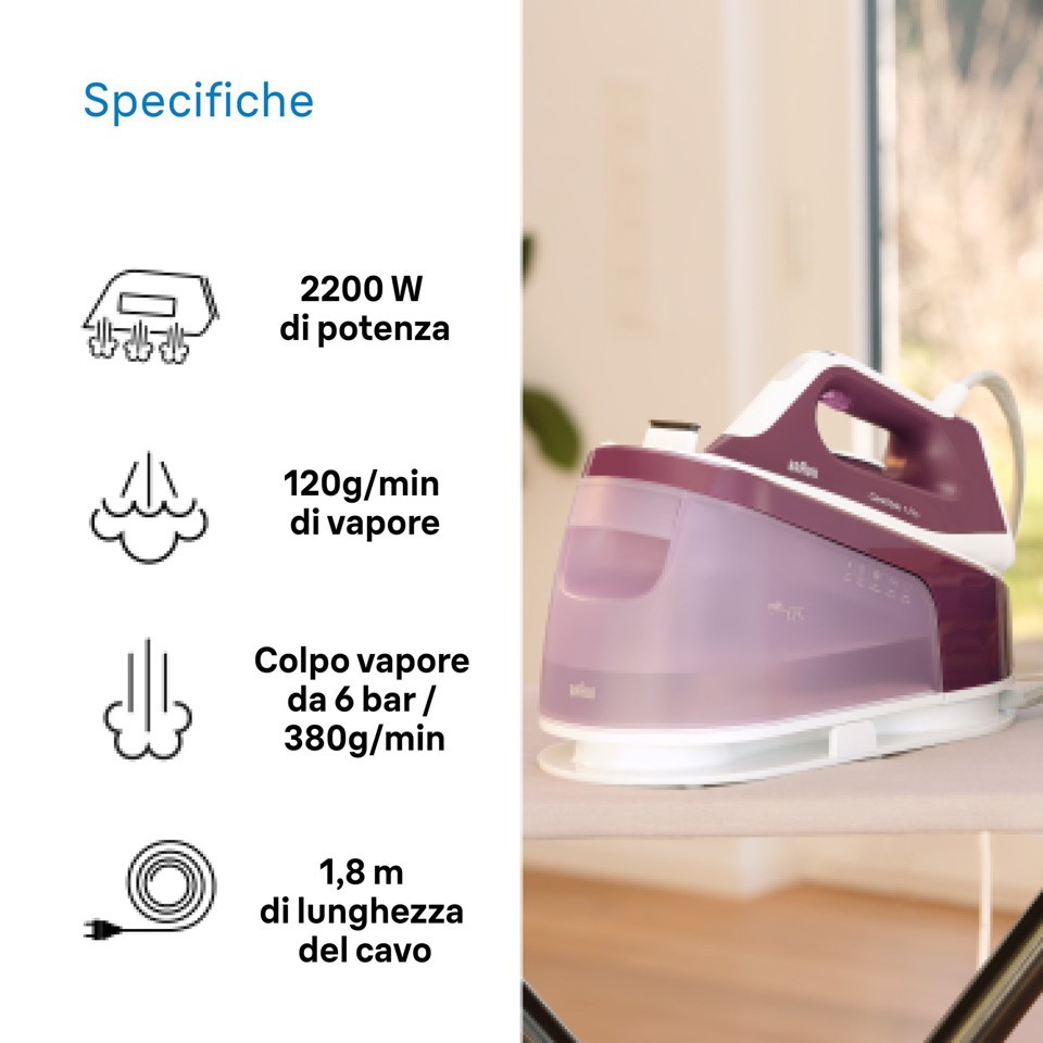 Braun CareStyle 1 Pro - Ferro da stiro con caldaia, Piastra con tecnologia FreeGlide3D, 2200W, 1,7L, Viola (IS1514VI)