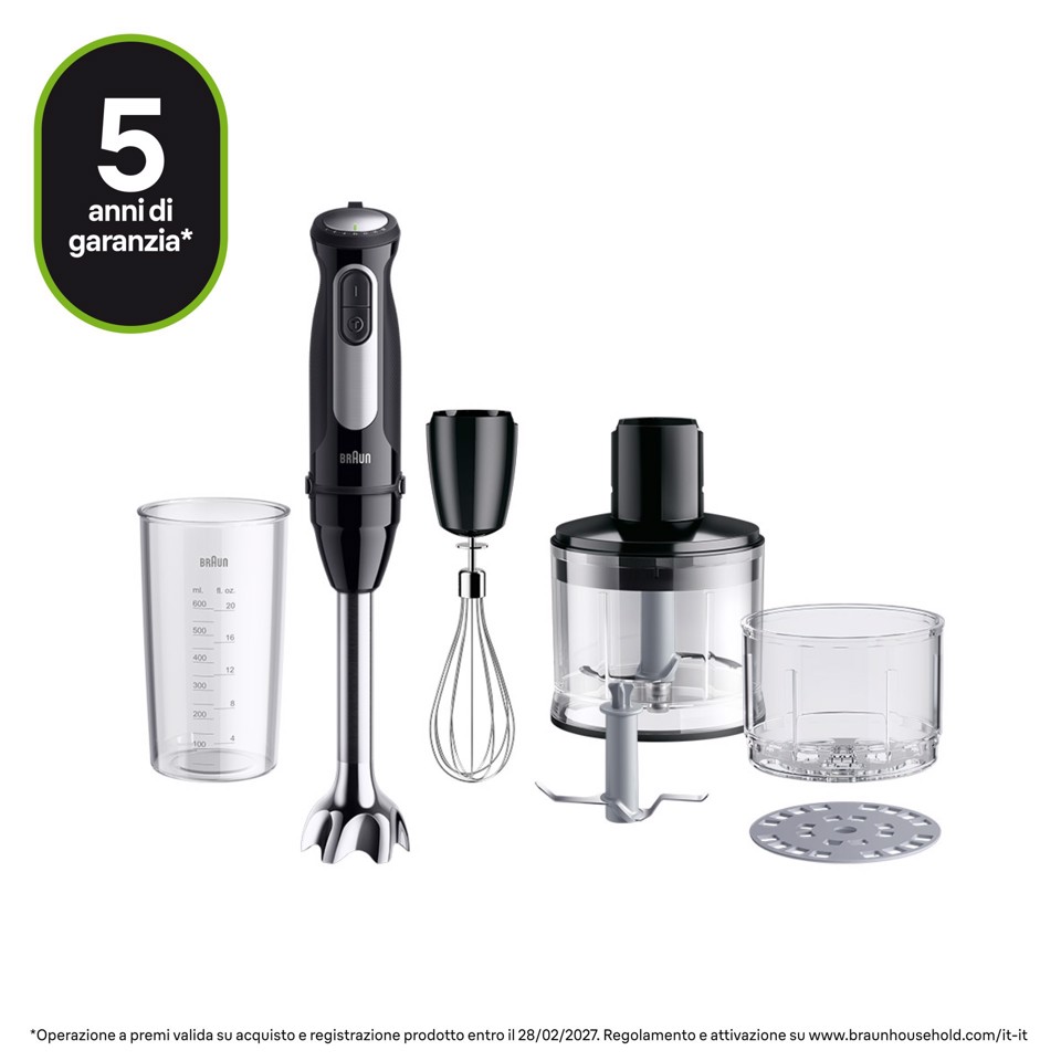 Braun MultiQuick 5 Pro - Minipimer, Frullatore a immersione, con Tritatutto, 1000W, Nero (MQ55254M)