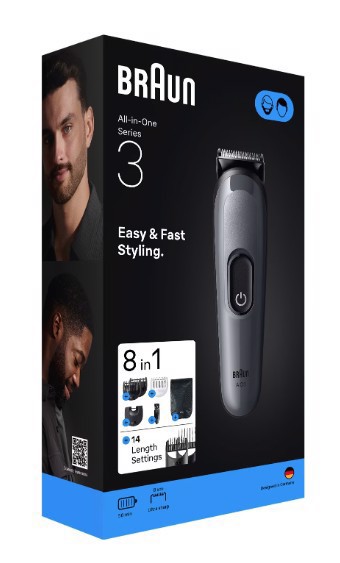 Braun Rifinitore All-In-One Series 3, 8In1, Lama Affilata, 14 Lunghezze, AIO3540, Grigio