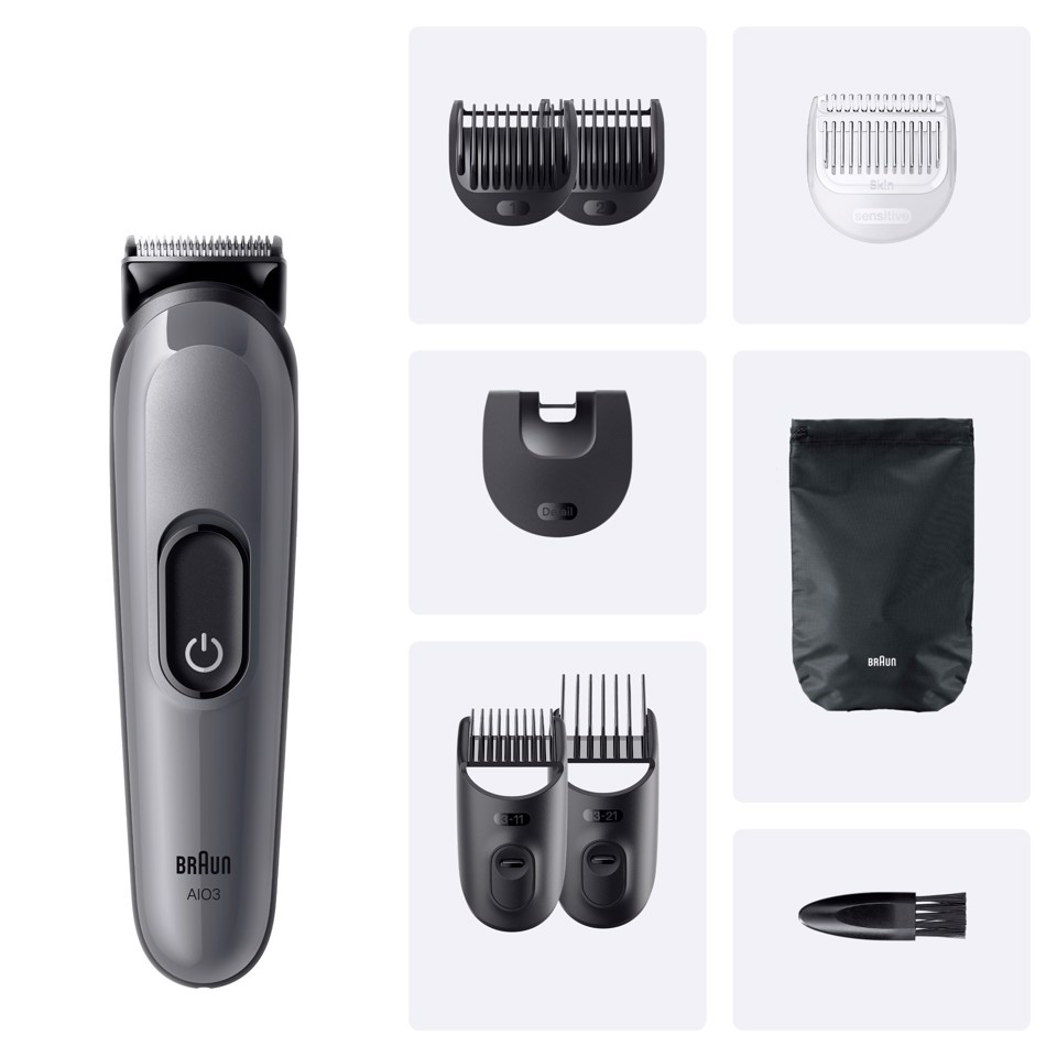 Braun Rifinitore All-In-One Series 3, 8In1, Lama Affilata, 14 Lunghezze, AIO3540, Grigio
