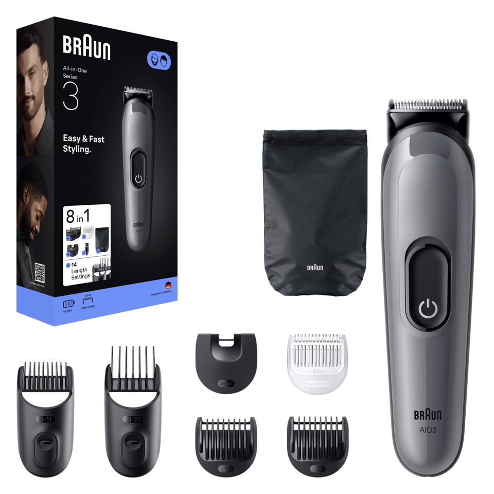 Braun Rifinitore All-In-One Series 3, 8In1, Lama Affilata, 14 Lunghezze, AIO3540, Grigio
