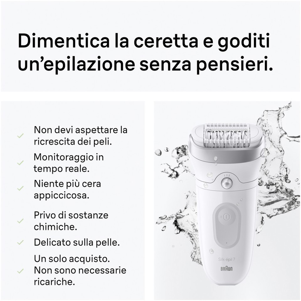 Braun Silk·épil 7, Epilatore Wet & Dry, Pelle Liscia A Lungo, 7-000, Argento
