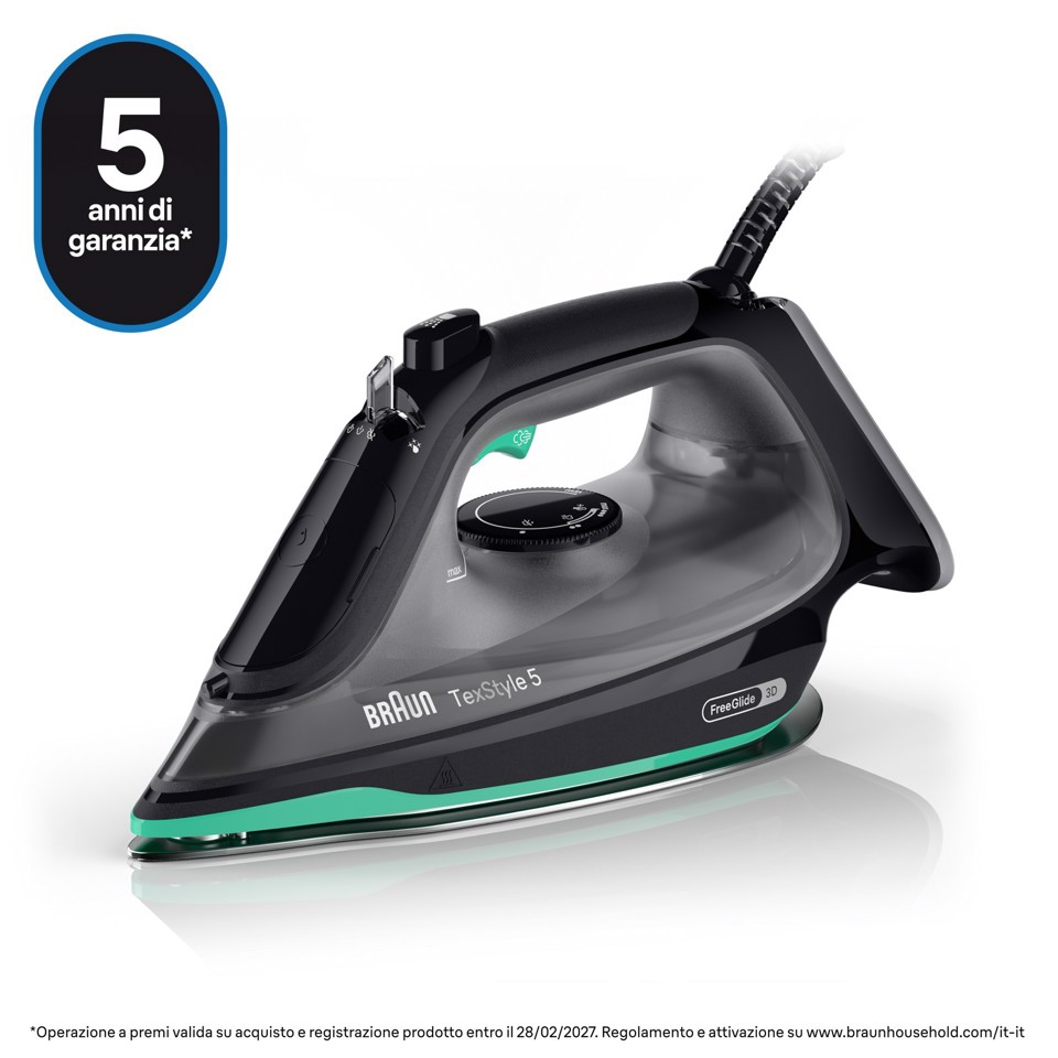 Braun TexStyle 5 - Ferro da stiro a vapore, Manico aperto ergonomico, FreeGlide3D, 2700W, 300ml, Nero/Verde (SI5277GR)