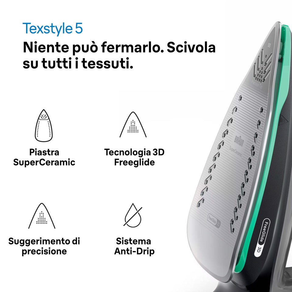 Braun TexStyle 5 - Ferro da stiro a vapore, Manico aperto ergonomico, FreeGlide3D, 2700W, 300ml, Nero/Verde (SI5277GR)