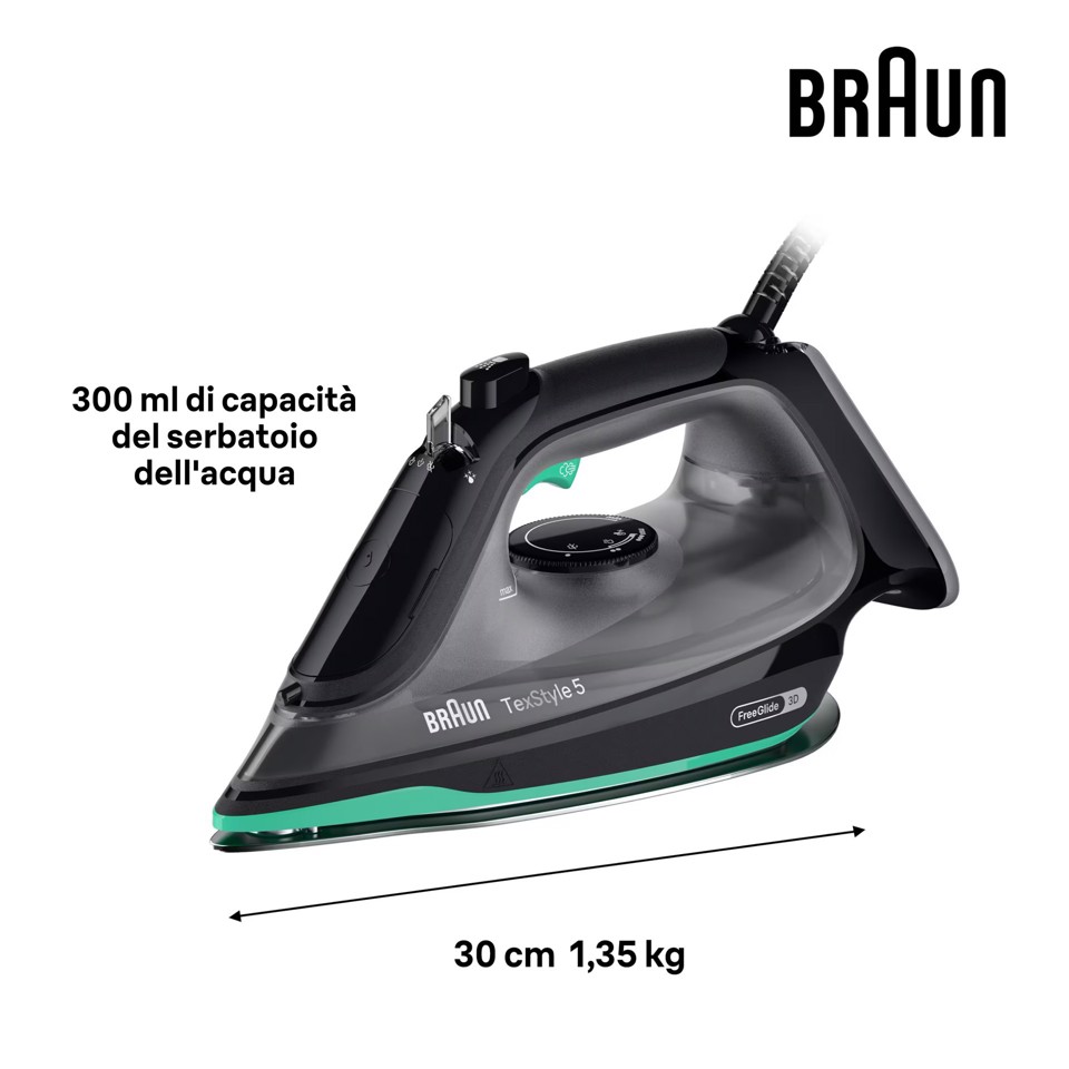 Braun TexStyle 5 - Ferro da stiro a vapore, Manico aperto ergonomico, FreeGlide3D, 2700W, 300ml, Nero/Verde (SI5277GR)