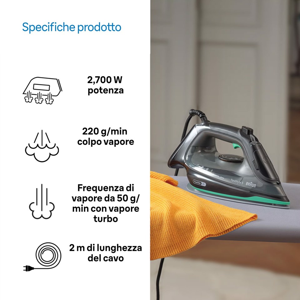 Braun TexStyle 5 - Ferro da stiro a vapore, Manico aperto ergonomico, FreeGlide3D, 2700W, 300ml, Nero/Verde (SI5277GR)