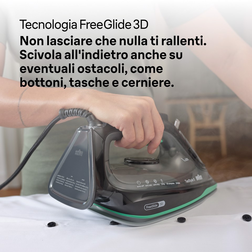 Braun TexStyle 5 - Ferro da stiro a vapore, Manico aperto ergonomico, FreeGlide3D, 2700W, 300ml, Nero/Verde (SI5277GR)