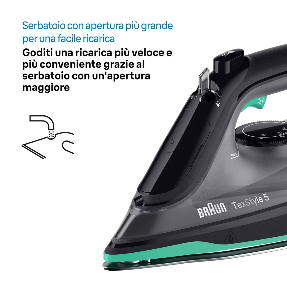 Braun TexStyle 5 - Ferro da stiro a vapore, Manico aperto ergonomico, FreeGlide3D, 2700W, 300ml, Nero/Verde (SI5277GR)