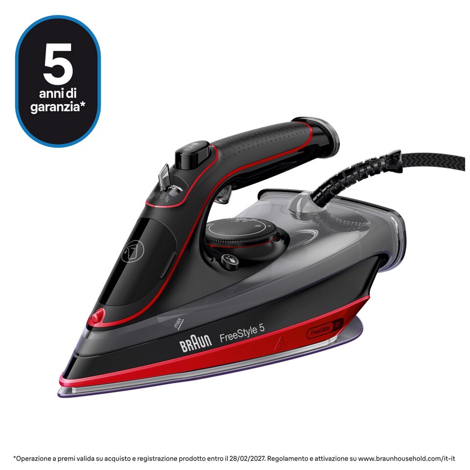 Braun TexStyle 5 - Ferro da stiro a vapore, Manico aperto ergonomico, FreeGlide3D, 2700W, 300ml, Rosso/Nero (SI5057RD)