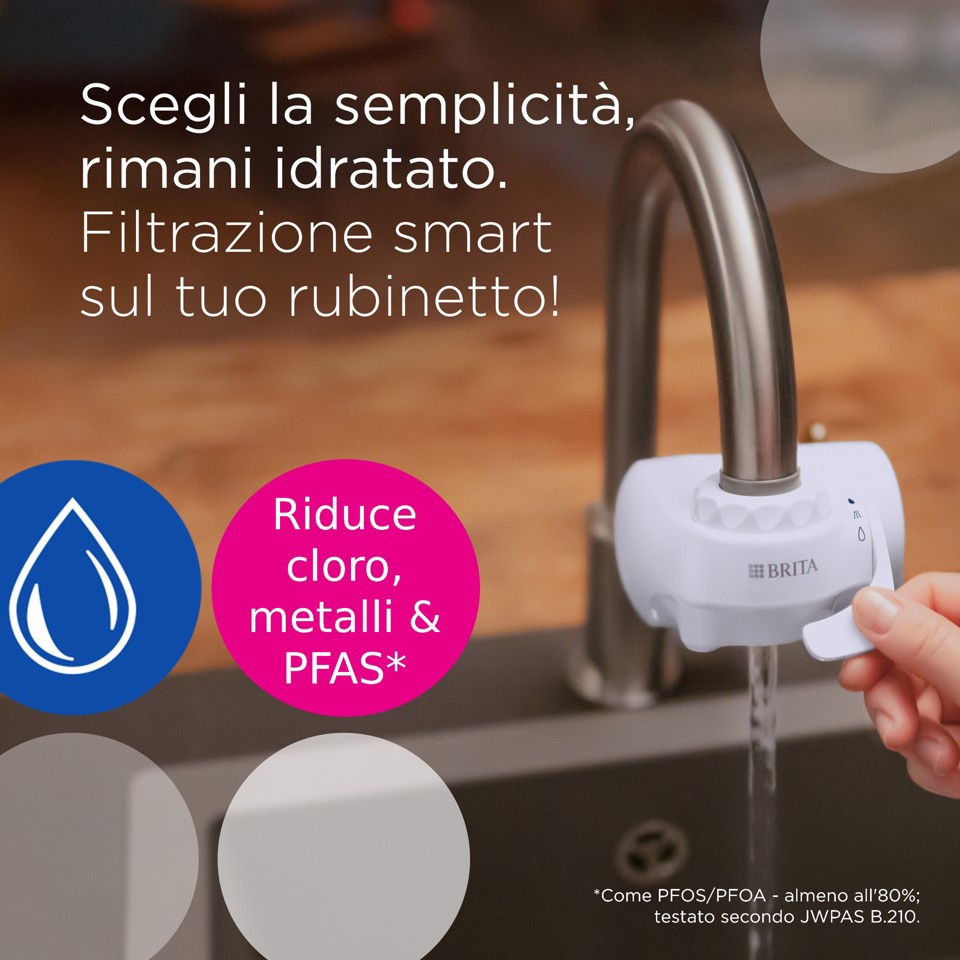 Brita ON TAP V incl. 1 x filtro acqua rubinetto V (4 mesi) - riduce cloro, PFAS, piccole particelle e metalli - indicatore durata filtro manuale