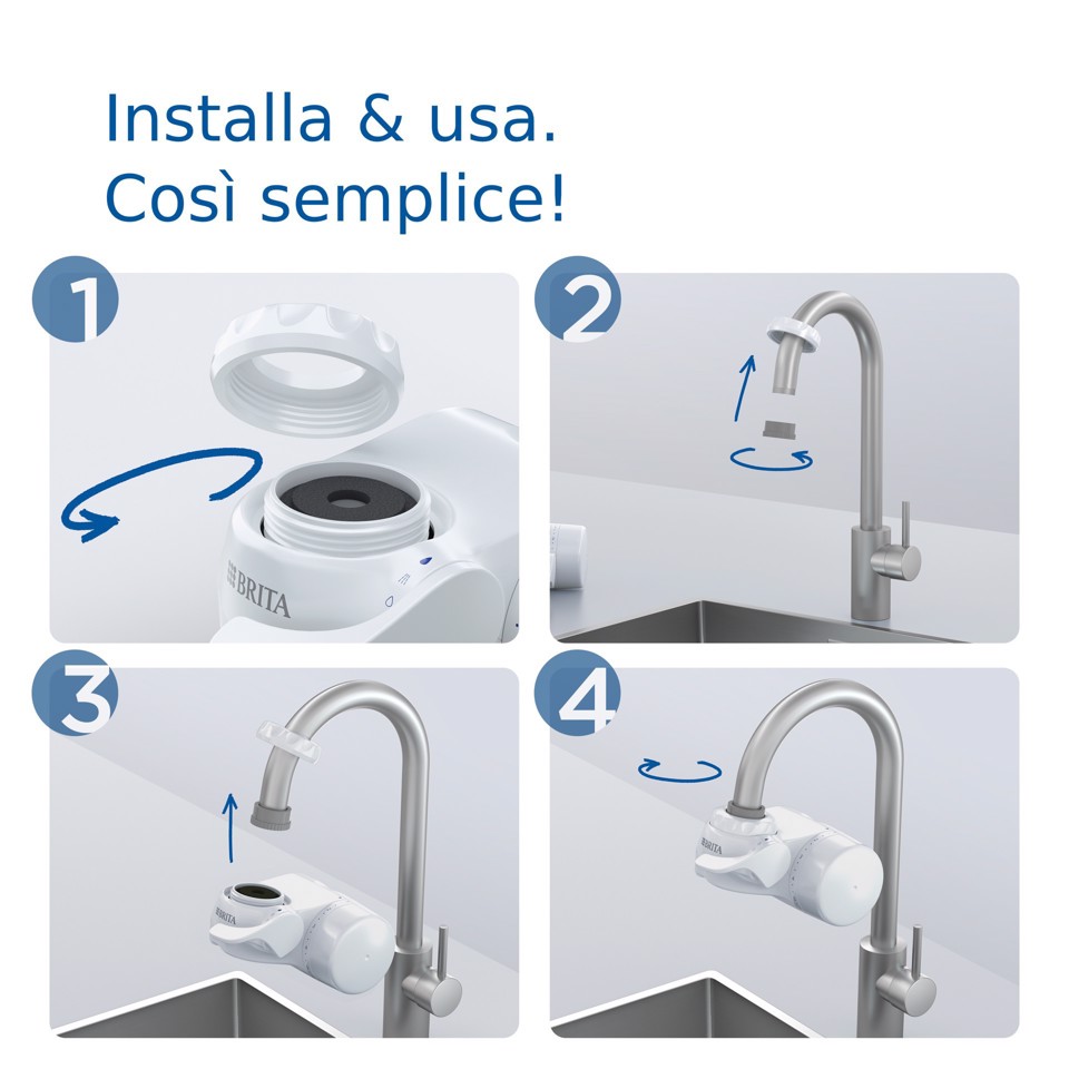 Brita ON TAP V incl. 1 x filtro acqua rubinetto V (4 mesi) - riduce cloro, PFAS, piccole particelle e metalli - indicatore durata filtro manuale
