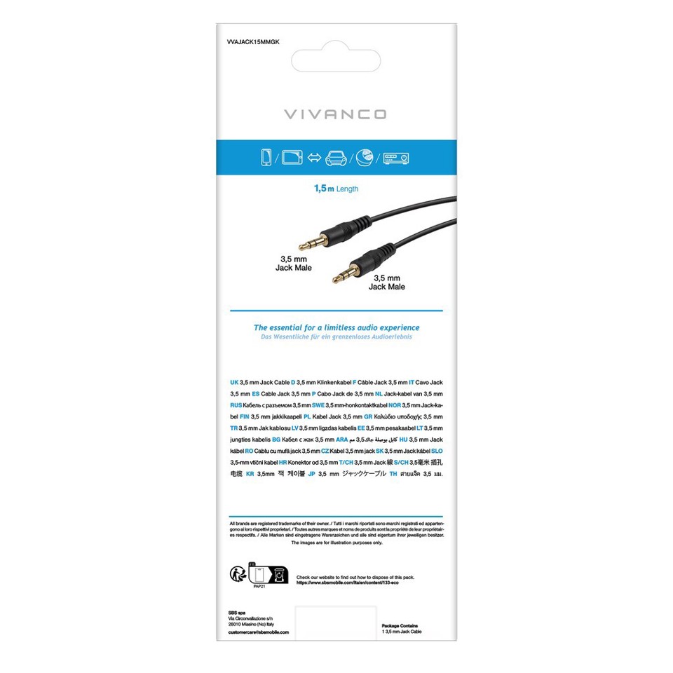 Cavo audio stereo con Jack 3,5 mm maschio - maschio, colore nero, lungo 1,5 m