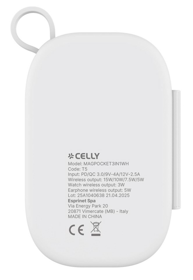 Celly MAGPOCKET3IN1WH Caricabatterie per dispositivi mobili Cuffie, Smartphone, Orologio intelligente Bianco USB Carica wireless Ricarica rapida Interno