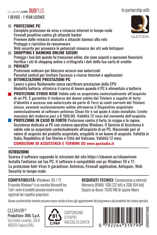 CleanVir Duoplus Duo Security Antivirus & Doppia Polizza Per PC Windows