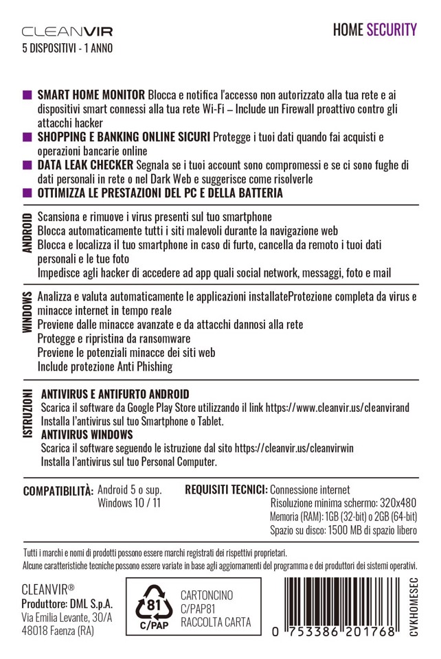 CleanVir Internet Home Security - Antivirus Windows+Android - 5 devices 1 year