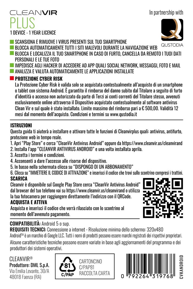 CleanVir Plus Android Security Antivirus & Polizza Cyber Risk Per Smartphone E Tablet Android